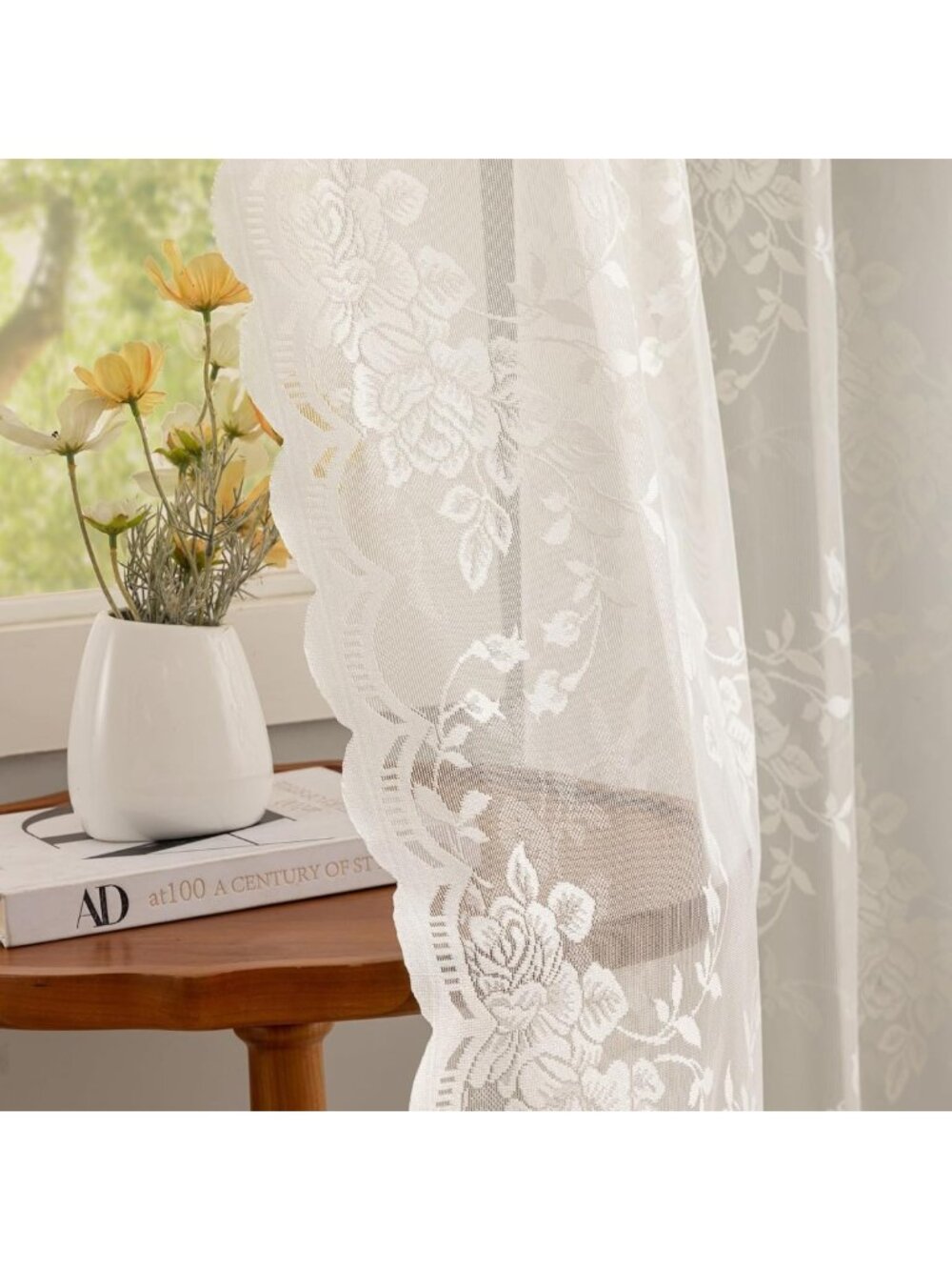 Vintage Ivory Lace Curtains 84" Long Floral Sheer Drapes for Living Room, 2
